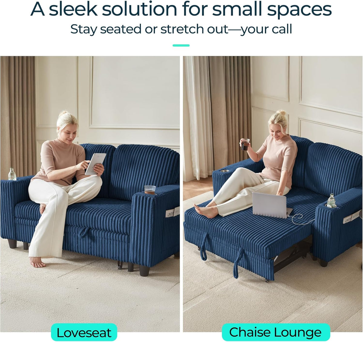 LINSY HOME Loveseat Sofa with Pull Out Couch Chaise: 2-in-1 Convertible 2 Seater Sofa with USB