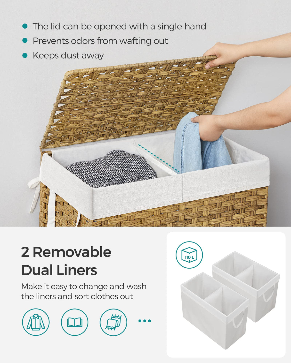 SONGMICS Laundry Hamper with Lid, 110L Wicker Laundry Basket
