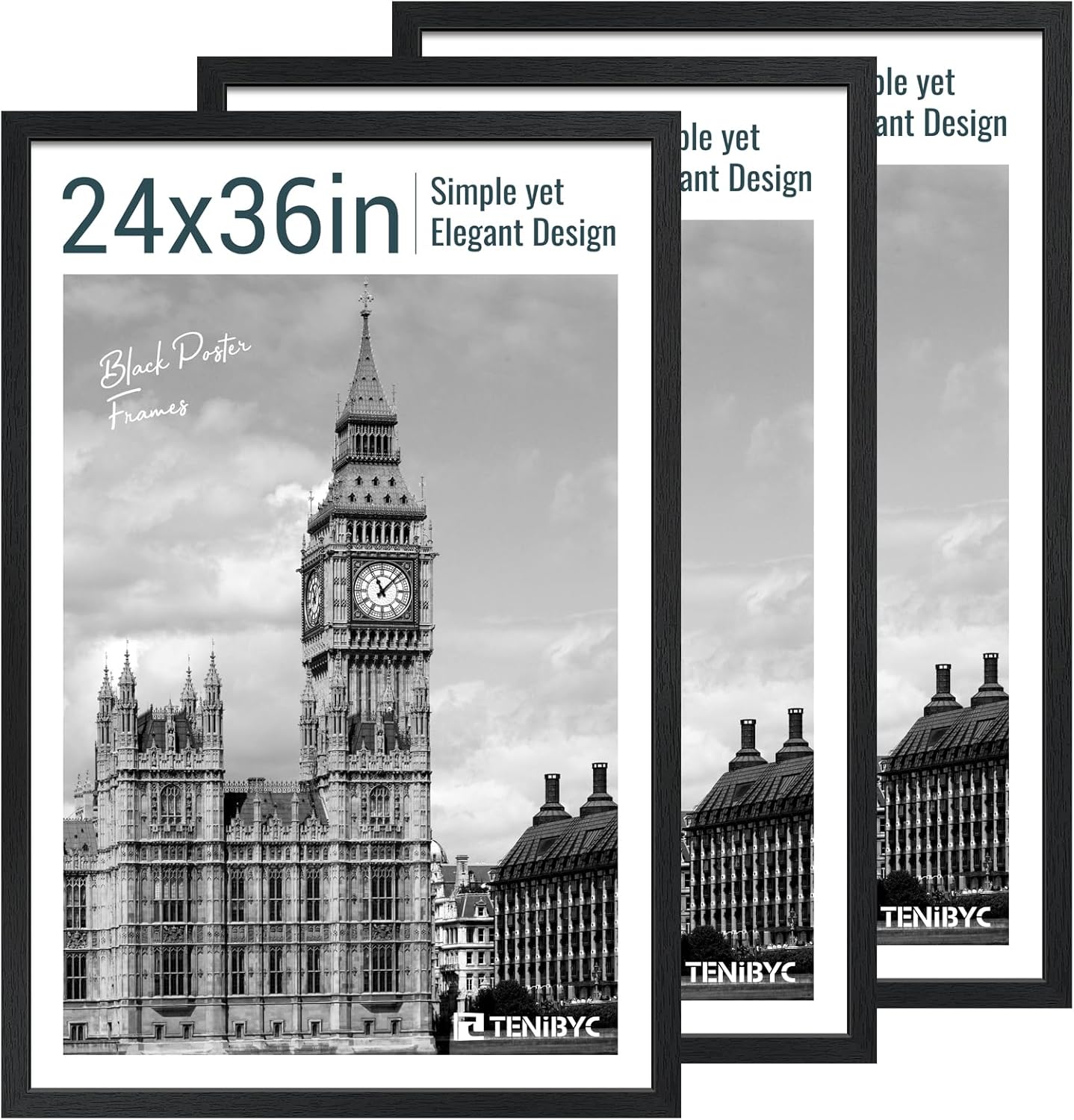 24x36 Poster Frame 3 Pack - Black Woodgrain, Solid Wood Picture Frame, Wall Gallery Frame - Wall