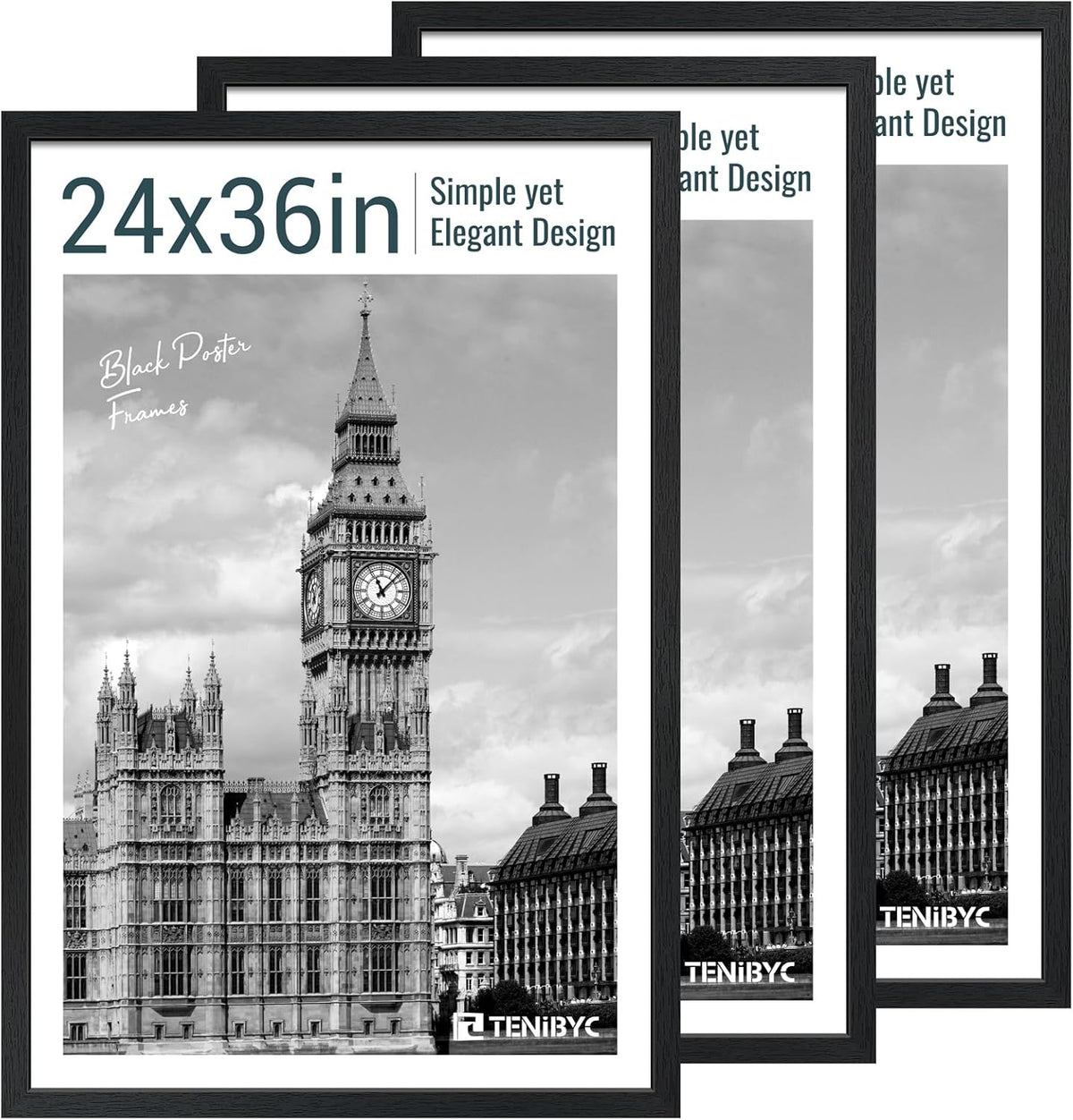24x36 Poster Frame 3 Pack - Black Woodgrain, Solid Wood Picture Frame, Wall Gallery Frame - Wall
