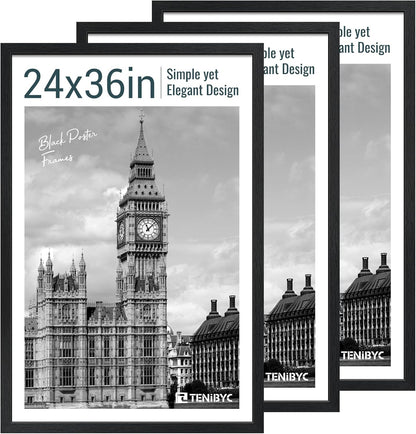 24x36 Poster Frame 3 Pack - Black Woodgrain, Solid Wood Picture Frame, Wall Gallery Frame - Wall