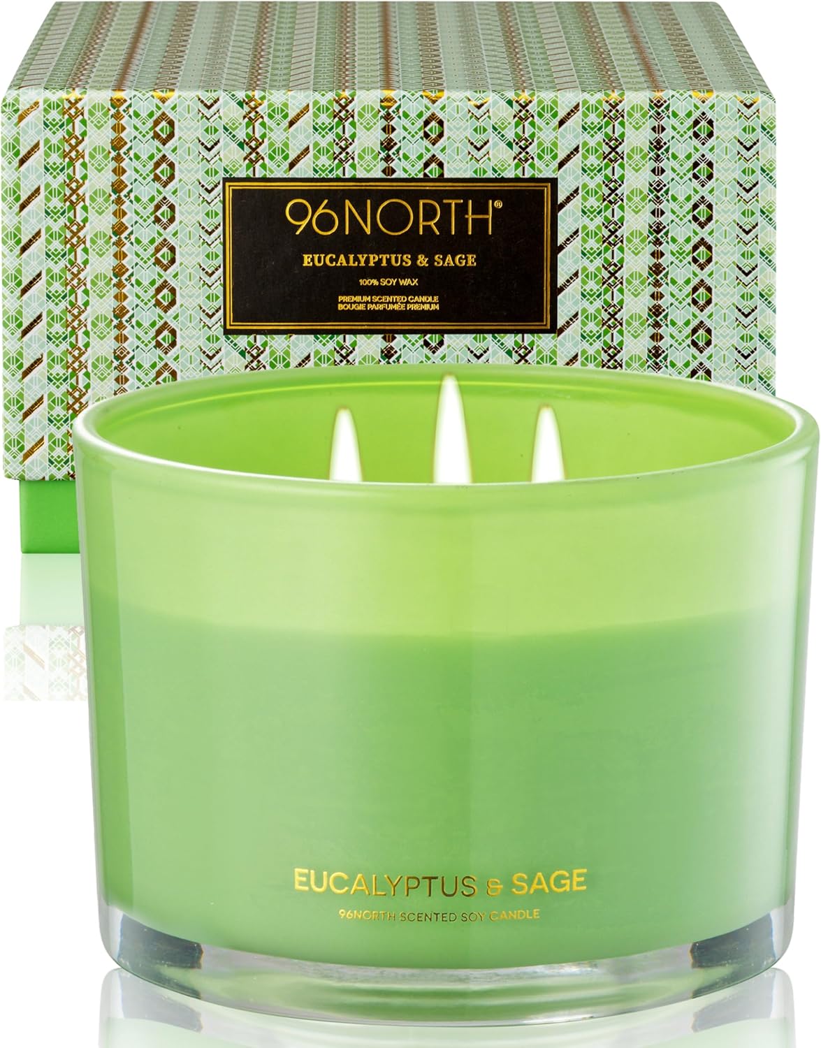 96NORTH Luxury Eucalyptus & Sage Soy Candle | Large 3 Wick Jar Candle | Up to 50 Hours Burning Time