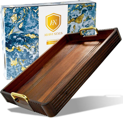 Acacia Wood Serving Tray with Metal Handles – 17x12in Rustic Decorative Ottoman & Coffee Table Tray