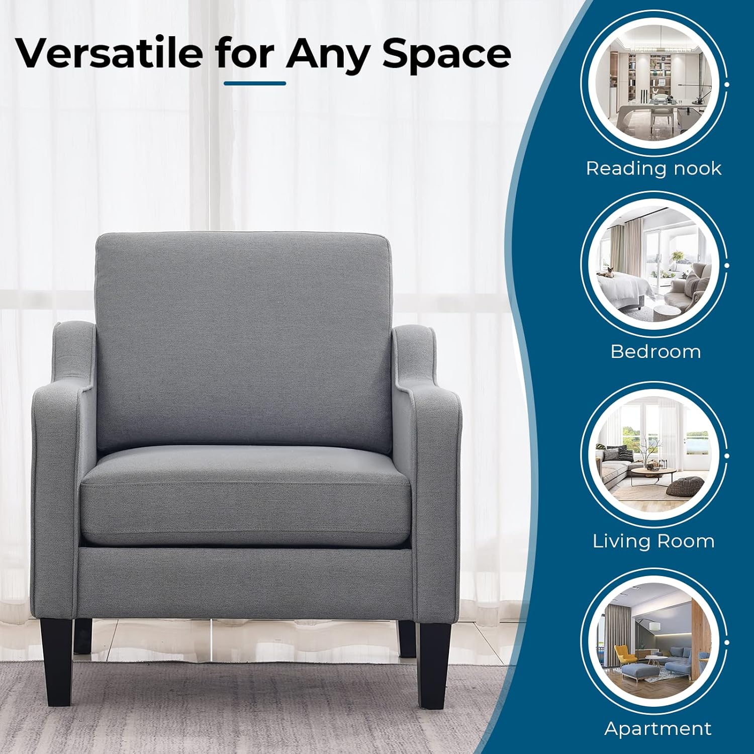 VINGLI Mid Century Modern Accent Chair, Light Grey Fabric Accent Chairs for Living Room Upholstered