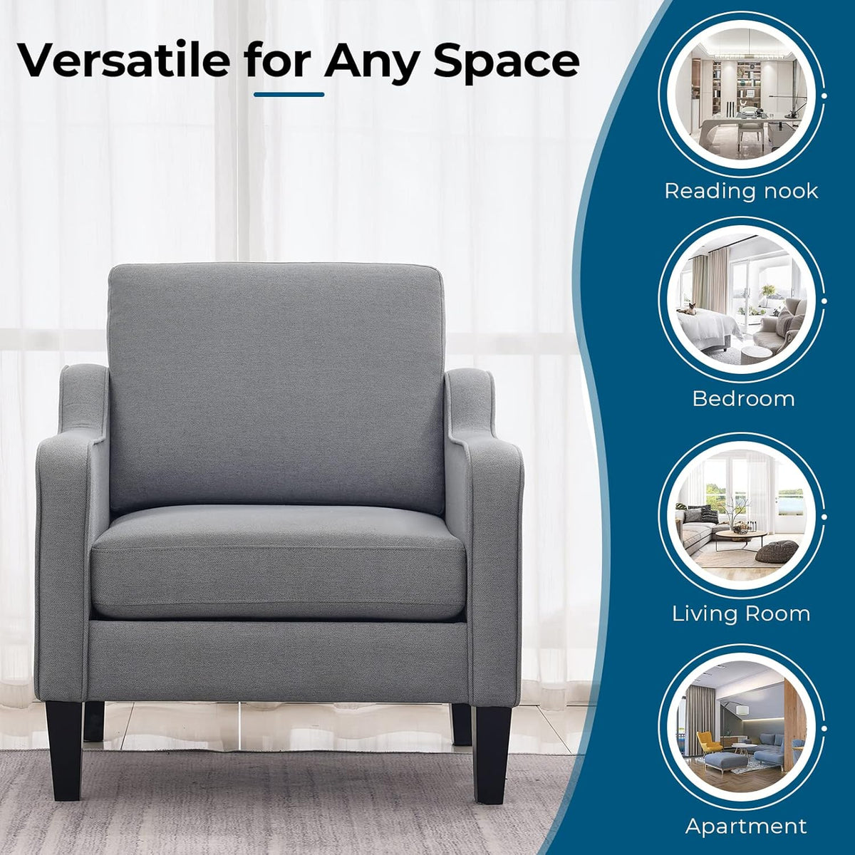 VINGLI Modern Accent Chairs Set of 2, Grey Living Room Chairs Comfy Armchair for Bedroom