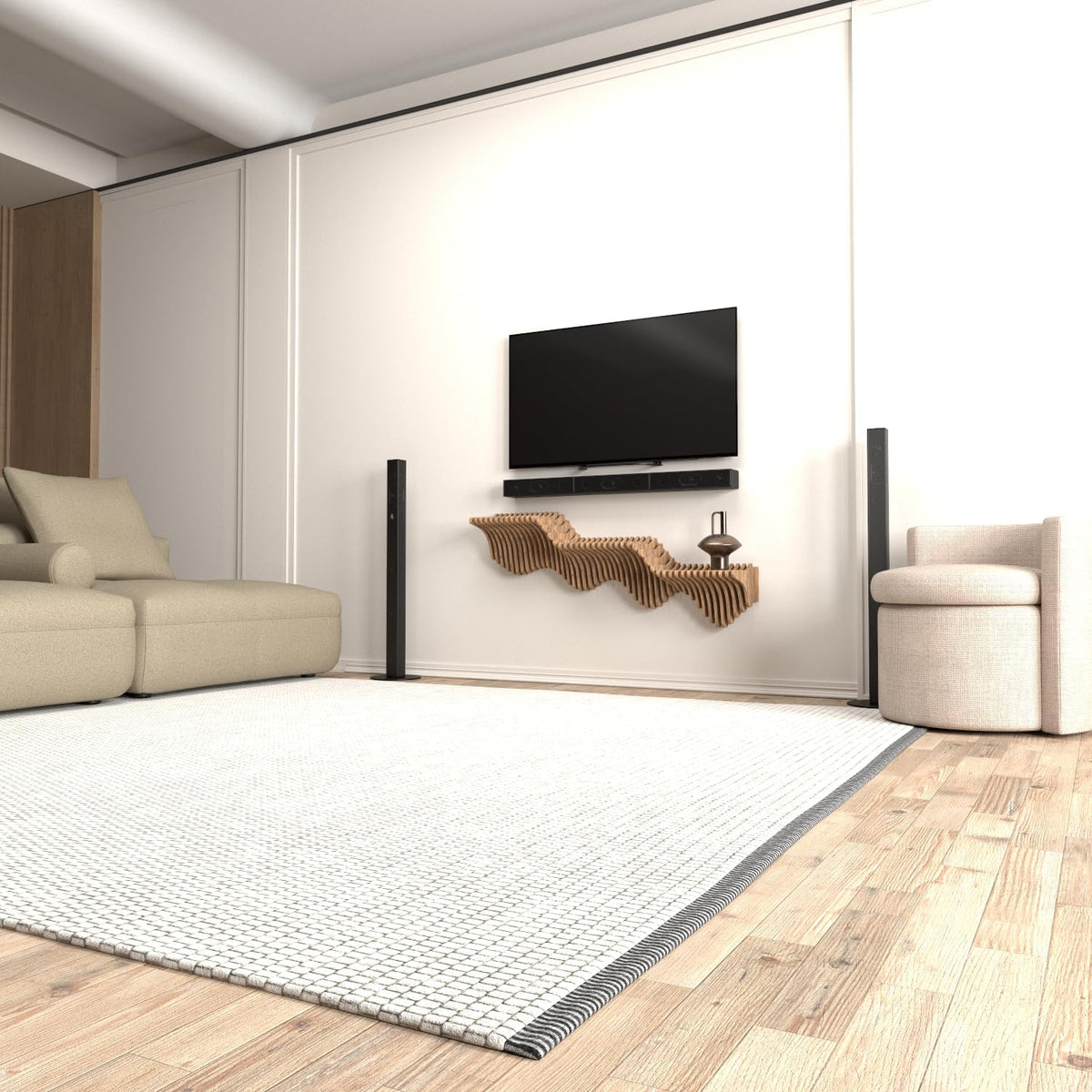 Parametric 40 inch Floating Shelf TV Unit Modern Geometric Wooden Wall Piece Decor Natural Oak