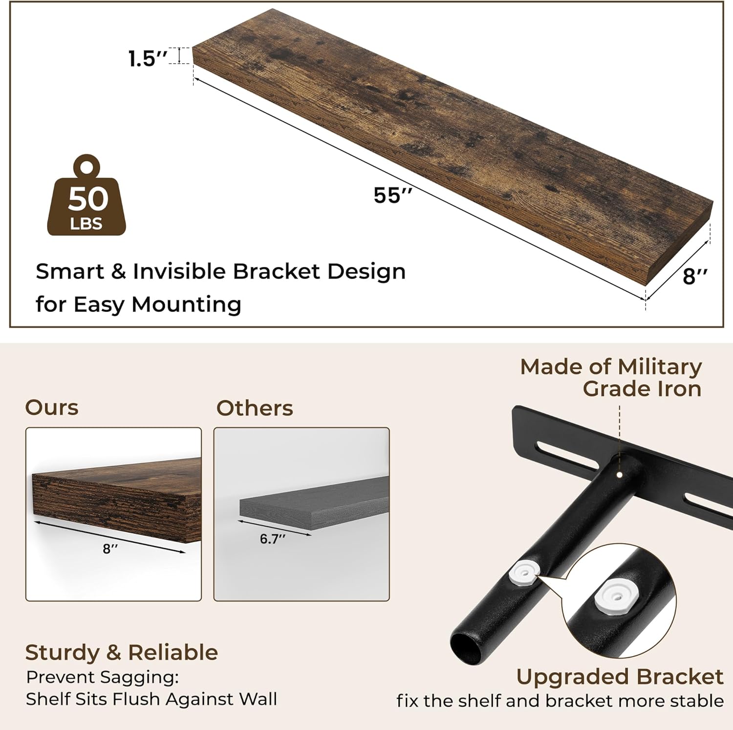 RICHFOCUS 55Inch Floating Shelves for Wall 1 Pack Shelves for Bedroom|Kitchen|Bathroom Wall Mounted