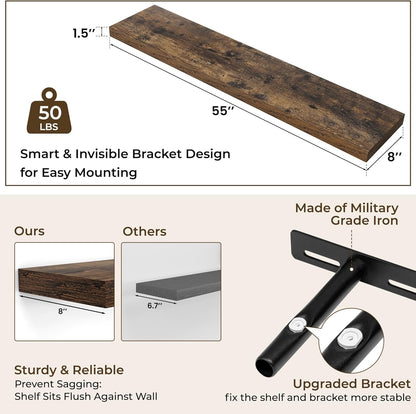 RICHFOCUS 55Inch Floating Shelves for Wall 2 Pack Shelves for Bedroom|Kitchen|Bathroom Wall Mounted