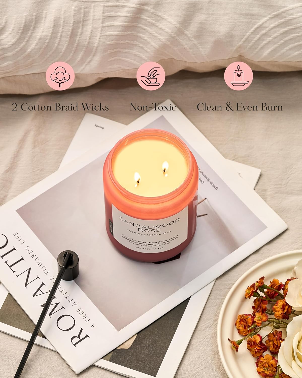 M&SENSE Sandalwood Rose Scented Candle 19.4oz 110 Hours Long Lasting Burn Natural Soy Wax Strong