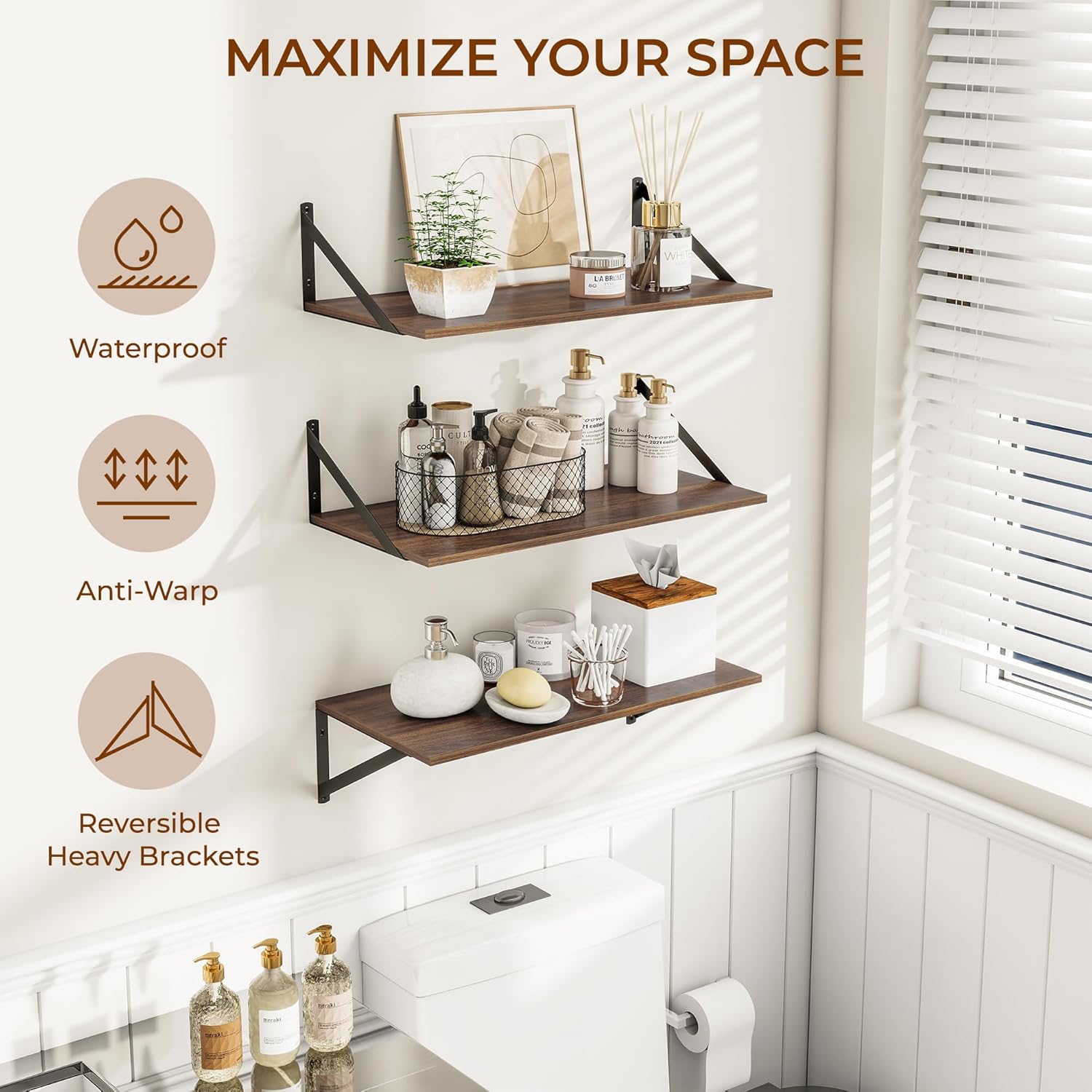 Heimlove 24" W x 12" D Wall Shelves for Books, 12 Inch Deep Floating Shelves Set of 3, Wide