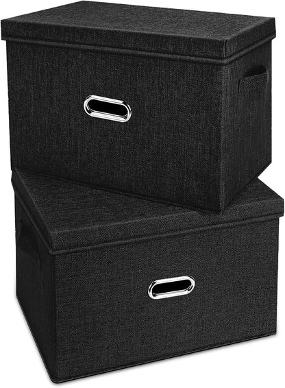 Large Linen Fabric Foldable Storage Bins with Removable Lid and Handles, Washable Storage Box
