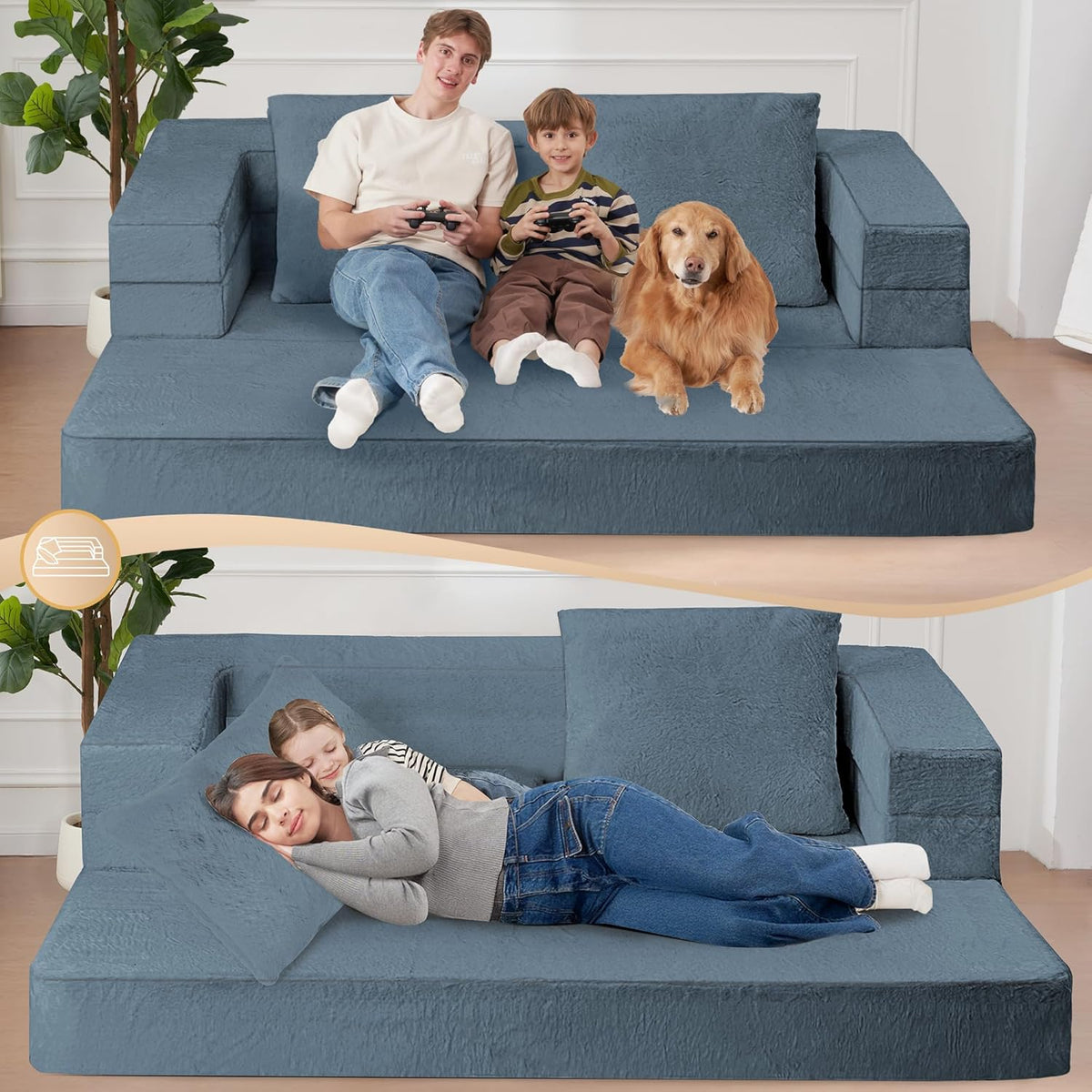 Folding Bean Bag Chair for Adults,3-in-1 Bean Bag Couch Faux Fur Floor Sofa Large Beanbag