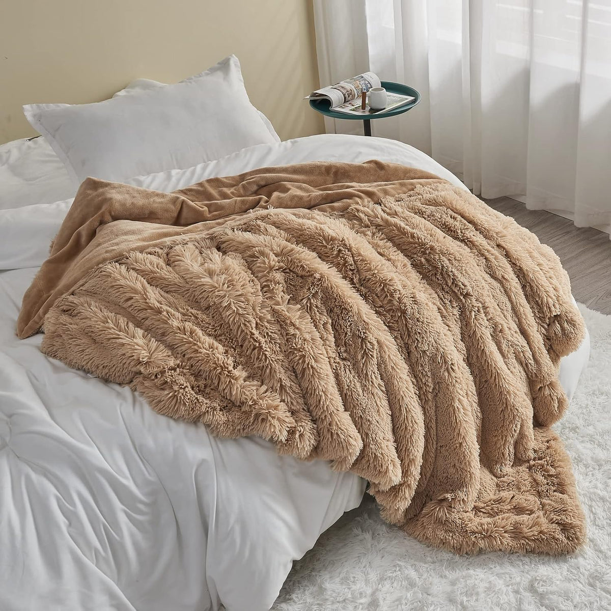 GONAAP Fuzzy Faux Fur Throw Blanket Twin Size Brown Super Soft Cozy Plush Fuzzy Shaggy Blanket for