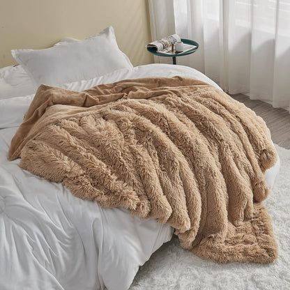 GONAAP Fuzzy Faux Fur Throw Blanket Queen Size Brown Super Soft Cozy Plush Fuzzy Shaggy Blanket for