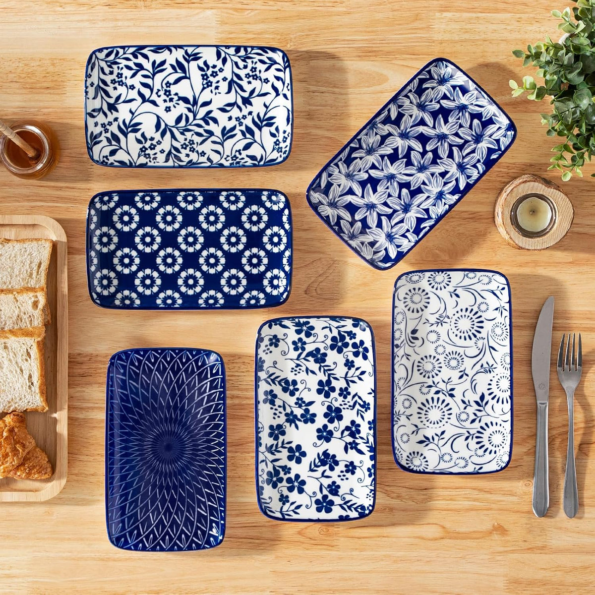 vancasso Selene 8.5 Inch Rectangular Salad Plates Set of 6, Ceramic Salad Plates for Sushi