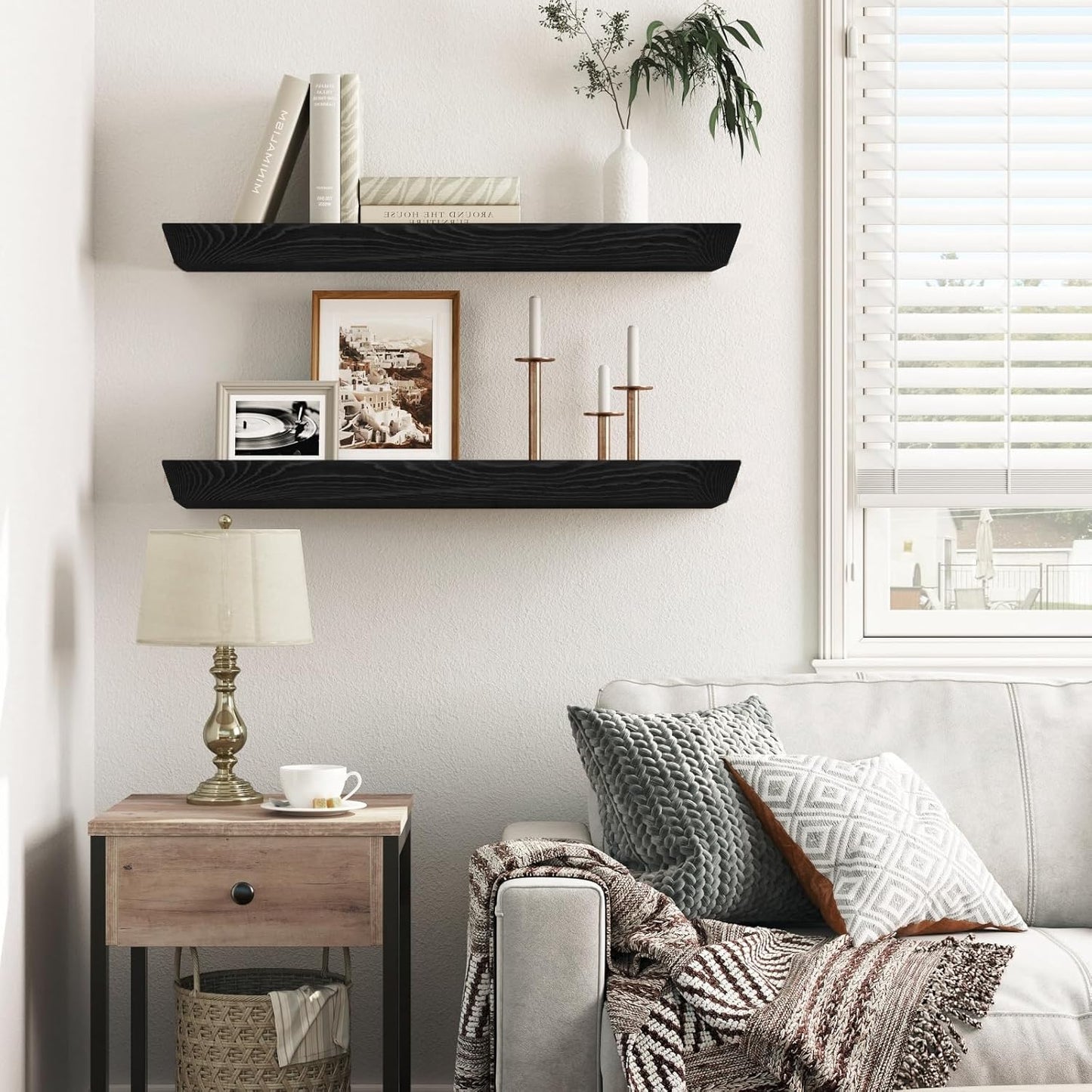 24"x6.8"x1.6" Slanted Floating Wall Shelves 2-Pack - Rustic Black Finish, Heavy-Duty Solid Wood
