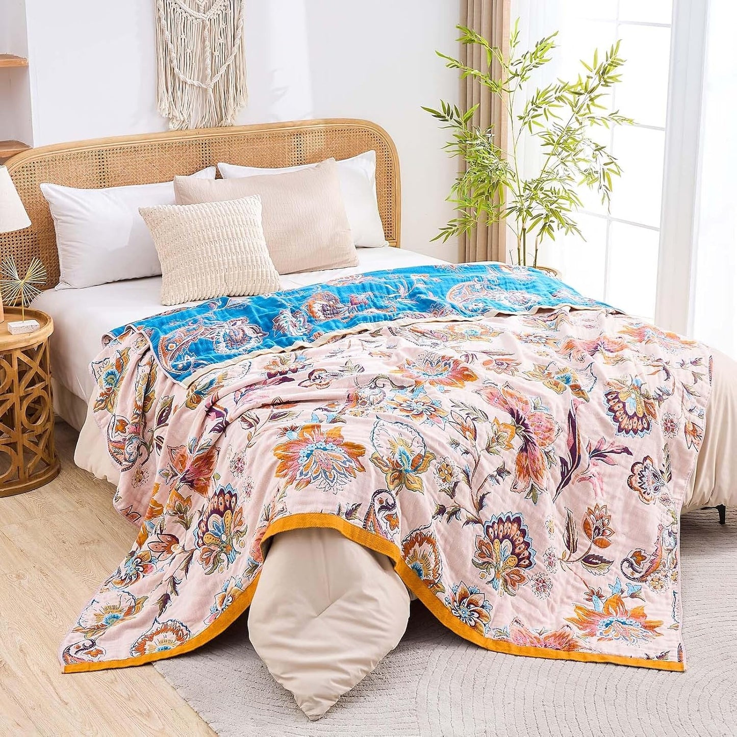 Boho Throw Blanket for Bed, 100% Cotton Soft Rustic Quilt Fall Blanket, 60"x80" Floral Printed