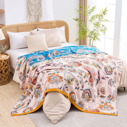 Boho Throw Blanket for Bed, 100% Cotton Soft Rustic Quilt Fall Blanket, 60"x80" Floral Printed