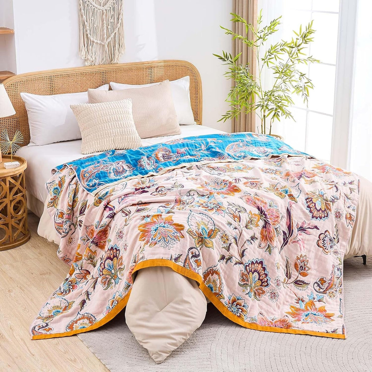 Boho Throw Blanket for Bed, 100% Cotton Soft Rustic Quilt Fall Blanket, 50"x60" Floral Printed
