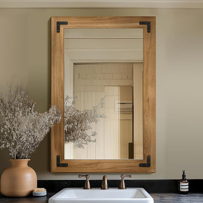 Bathroom Mirror for Wall with Wooden Frame, 36"x24" Solid Wood Vanity Mirror for Farmhouse