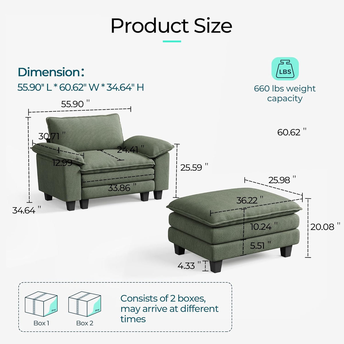 LINSY HOME Sofa Chair with Movable Ottoman - Corduroy Cloud Couch Chair Soft Comfy Modern Sofa