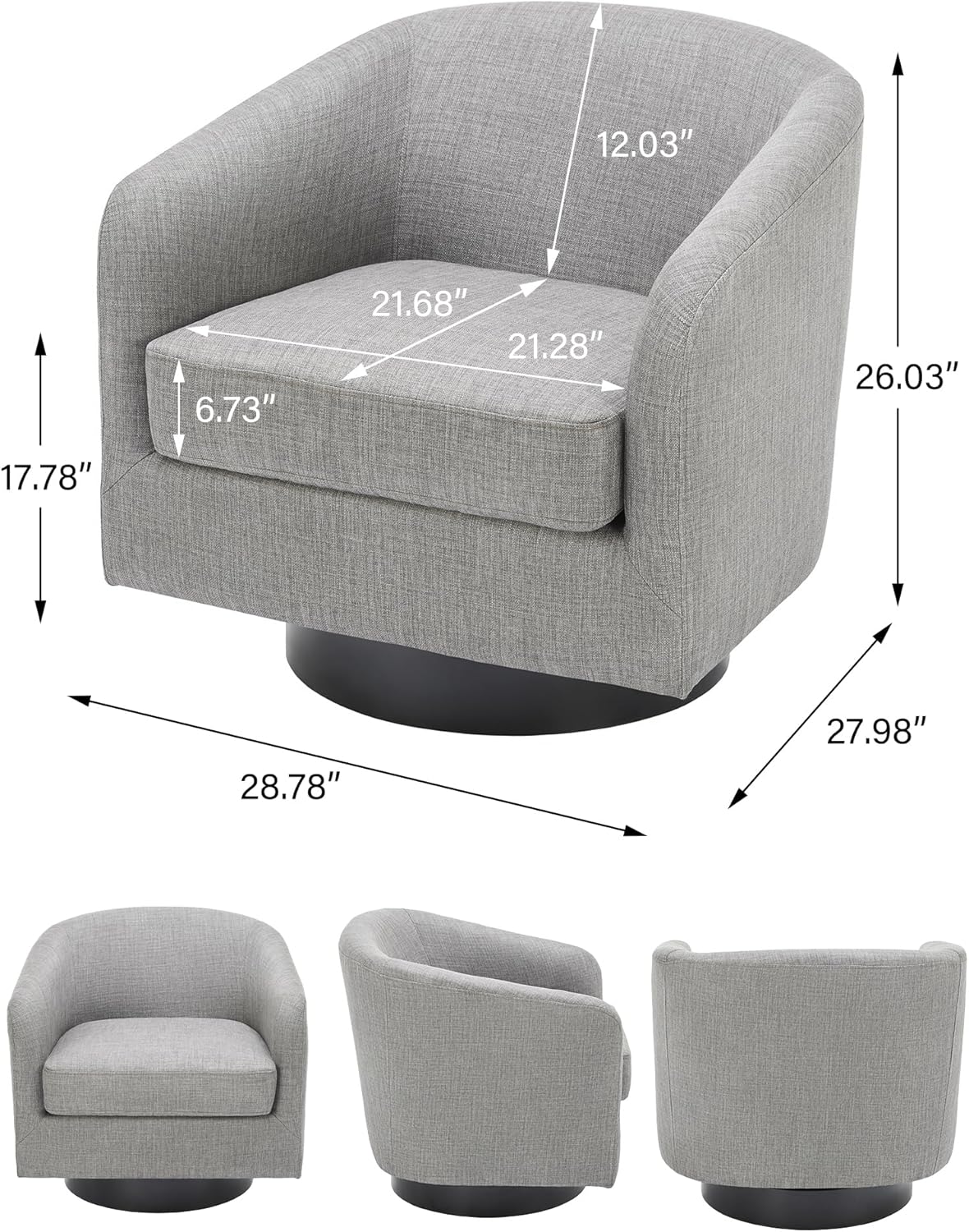 Swivel Barrel Accent Chair, Modern Round Linen Arm Chair for Living Room, Bedroom, Comfy Club
