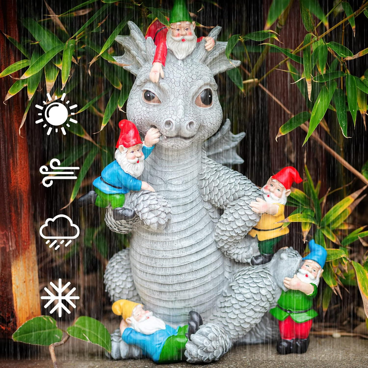 Dragon Gnome Statues Outdoor Decor, 13” Dinosaur Play with Gnomes Garden Statue, Outdoor Statue for