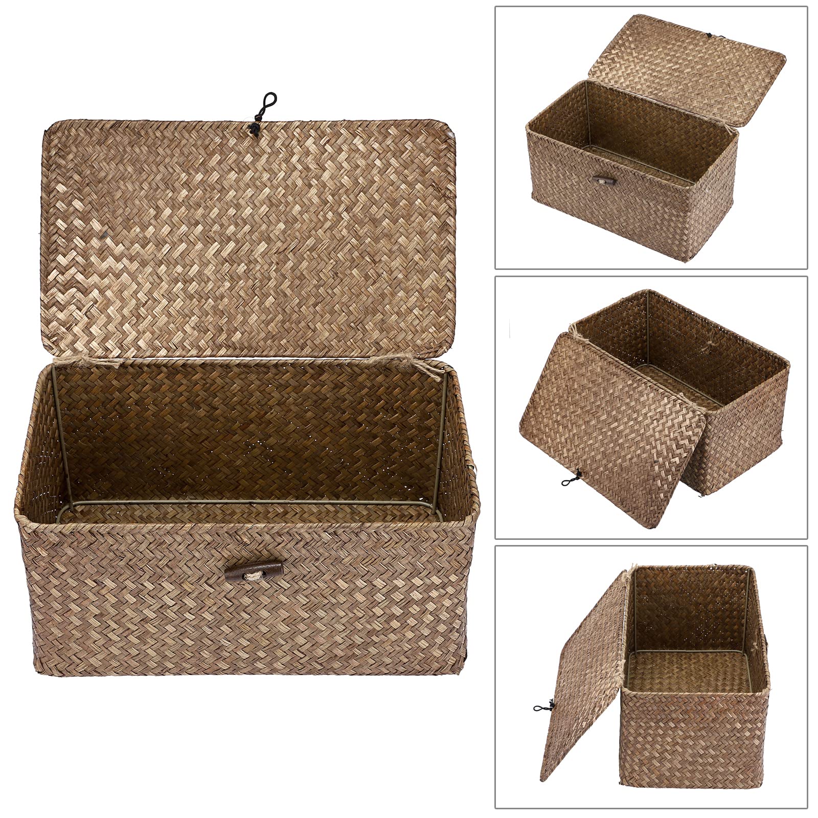 Hipiwe Wicker Shelf Baskets Storage Bin with Lid Handwoven Seagrass Basket