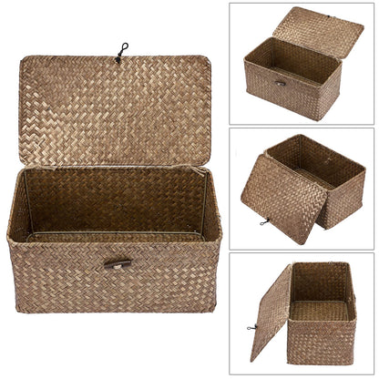 Hipiwe Wicker Shelf Baskets Storage Bin with Lid Handwoven Seagrass Basket