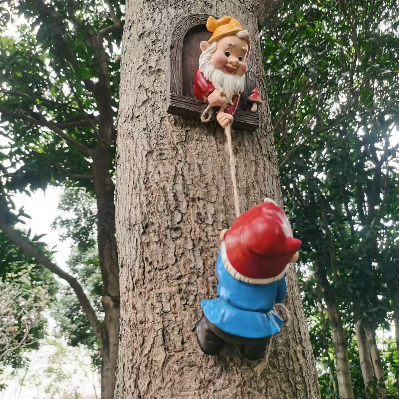 Climbing Gnomes Tree Faces Decor Outdoor for Yard, Adorable Gnome Elf Out Hugger Fairy Door Statue