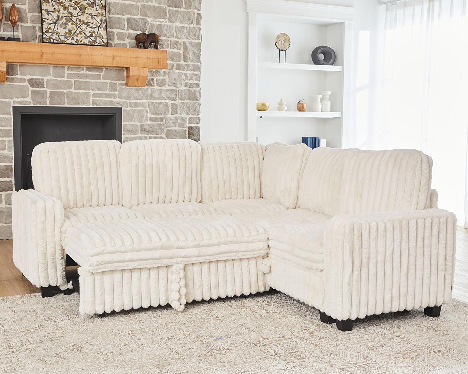 Belffin Plush Corduroy Modular Sectional Sofa with Pull Out Bed Convertible Small Sectional Corner