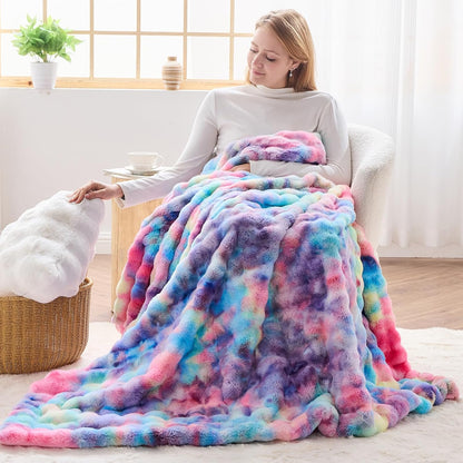 NEWCOSPLAY Faux Fur Throw Blanket Dark Rainbow Luxury Fluffy Thick Warm Bubble Blanket for Couch