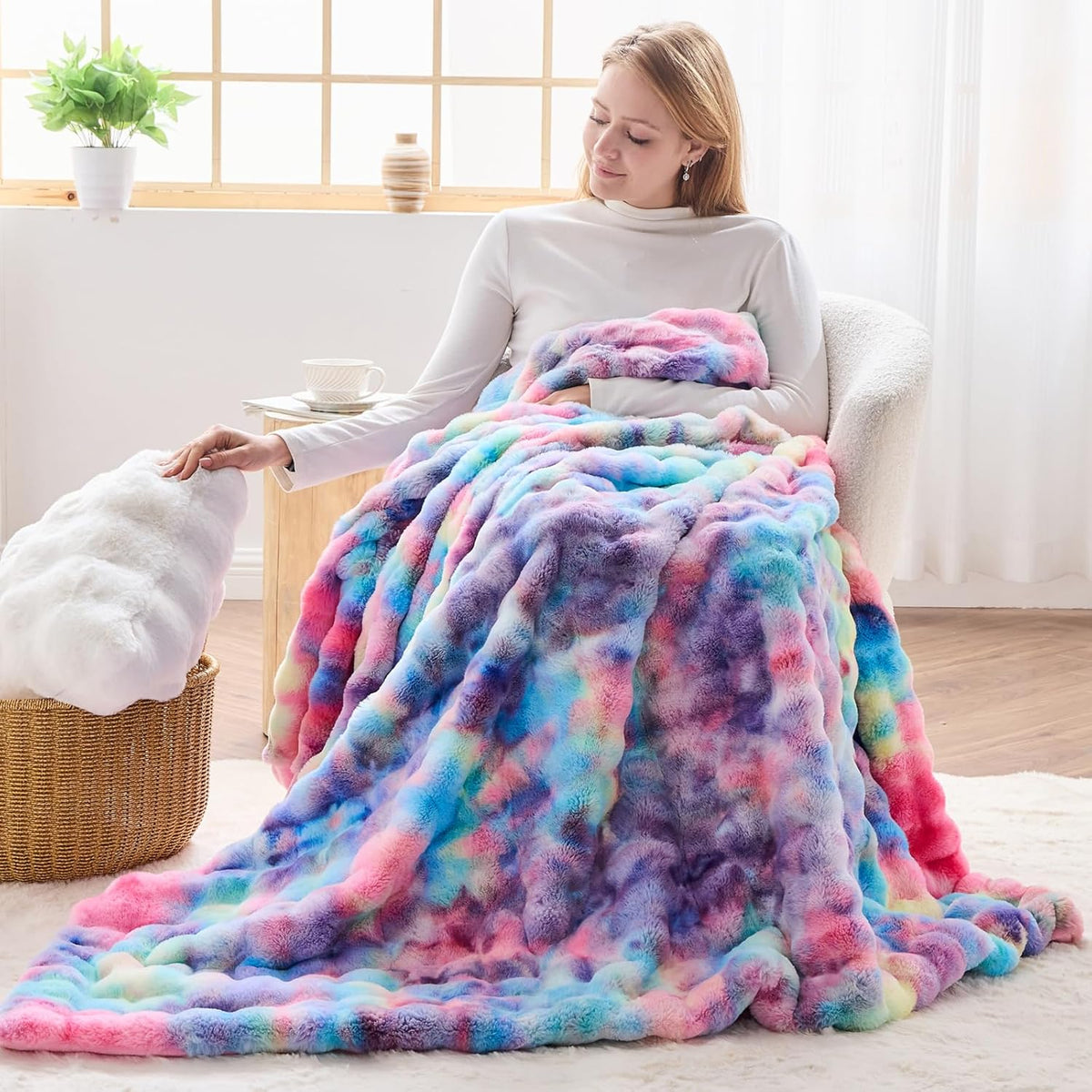 NEWCOSPLAY Faux Fur Twin Blanket Dark Rainbow Luxury Fluffy Thick Warm Bubble Blanket for Couch