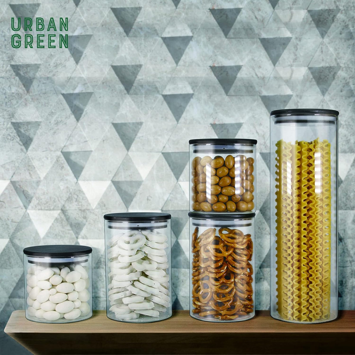 Urban Green Glass Jars with Airtight Black Lids, Food Storage Container with Airtight Lids, Glass