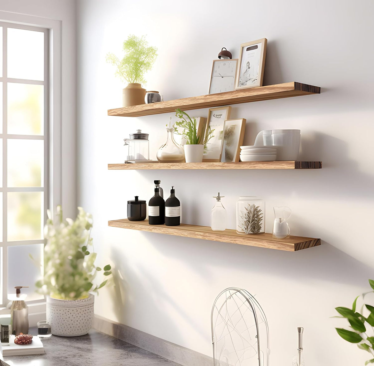 Wood Floating Shelves for Wall Decor, Rustic Wall Shelves for Bedroom Bathroom Kitchen Living Room