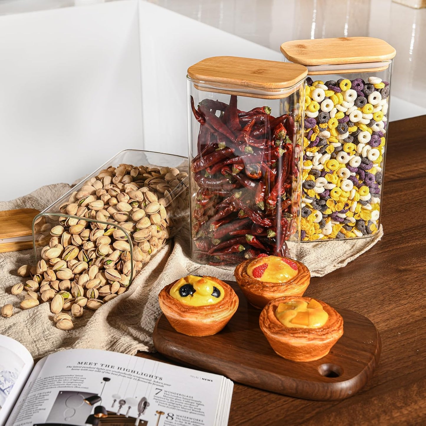56oz Rectangle Airtight Glass Storage Containers with Bamboo Lids (Set of 3), Square Food Storage