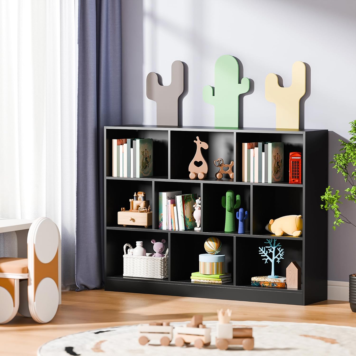 Cozy Castle Black Bookshelf, 3-Tier Open Shelf Bookcase, 10 Cube Storage Organizer with Anti-Tilt