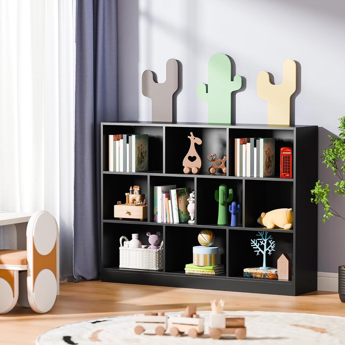Cozy Castle Black Bookshelf, 3-Tier Open Shelf Bookcase, 10 Cube Storage Organizer with Anti-Tilt