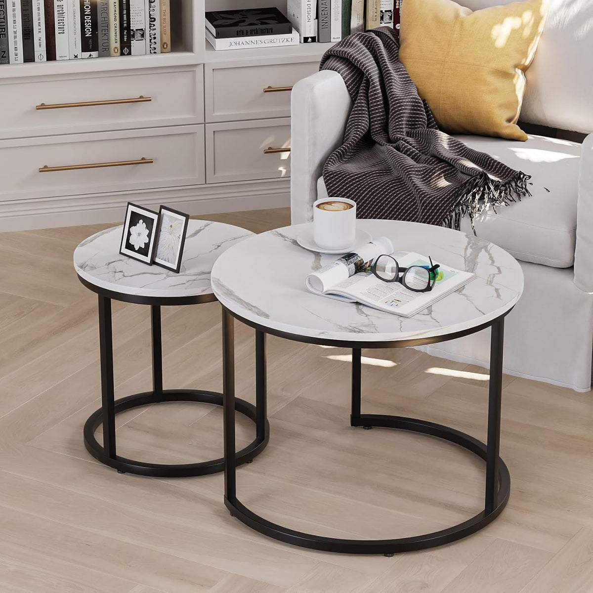 Smuxee White Nesting Coffee Table Set of 2, 23.6" Round Coffee Table Wood Grain Top with Adjustable