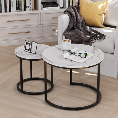 Smuxee White Nesting Coffee Table Set of 2, 23.6" Round Coffee Table Wood Grain Top with Adjustable