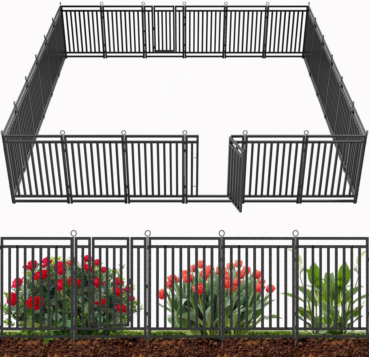 Decorative Garden Fence 54ft (L) × 40in (H), 21 Panels + 3 Gates, Metal Dog Fence Outdoor for Yard
