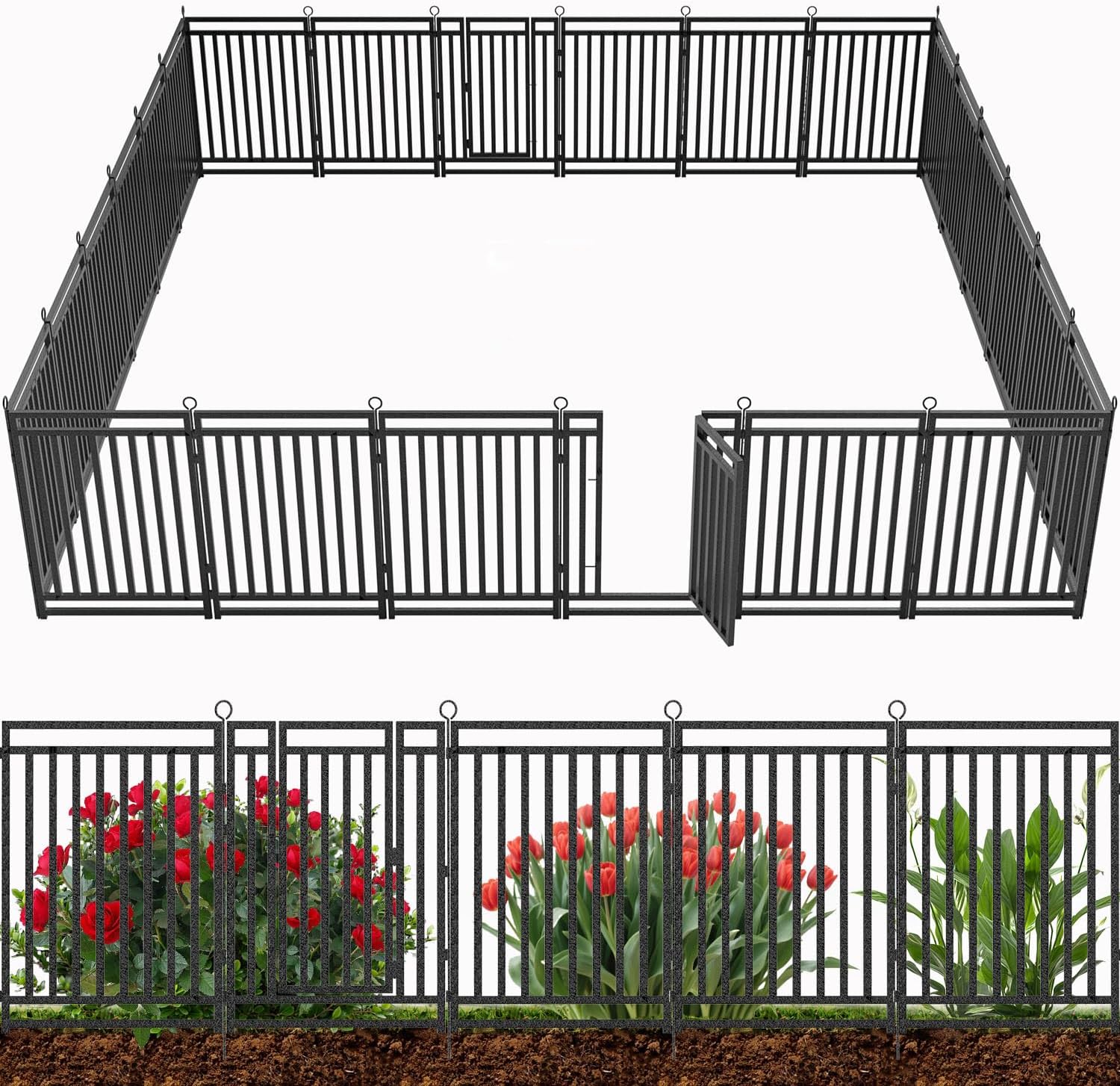 Decorative Garden Fence 54ft (L) × 40in (H), 21 Panels + 3 Gates, Metal Dog Fence Outdoor for Yard