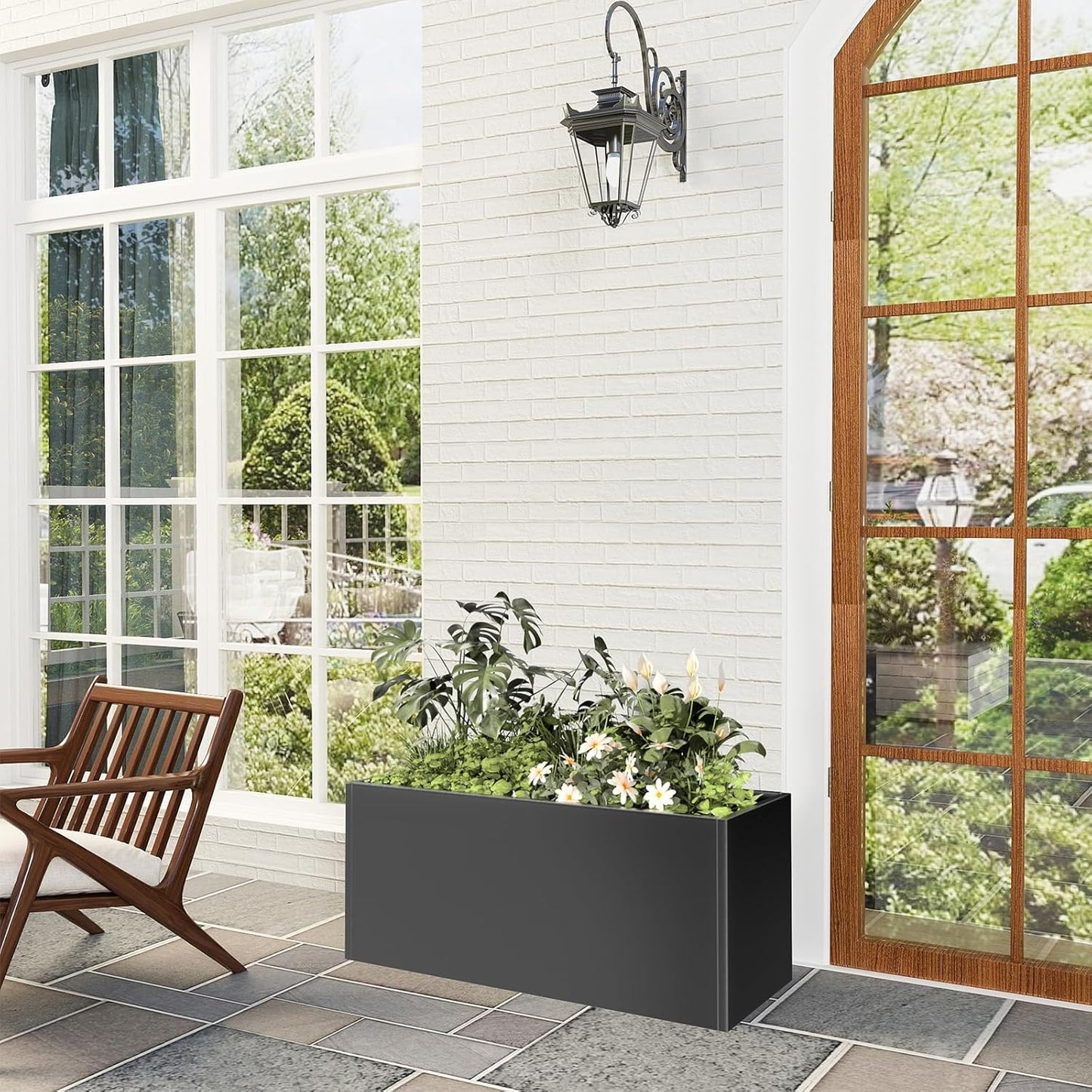 Long Metal Cube Planter for Outdoor Plants 15" W x 38" L x 16.25" H, Heavy Duty Steel Rectangular