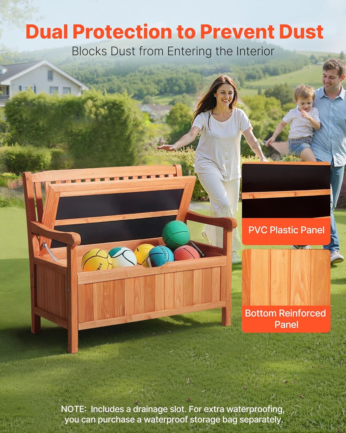 VEVOR Outdoor Storage Bench, 2-Person Wooden Storage Bench, 33 Gallons Deck Box with Side Handle