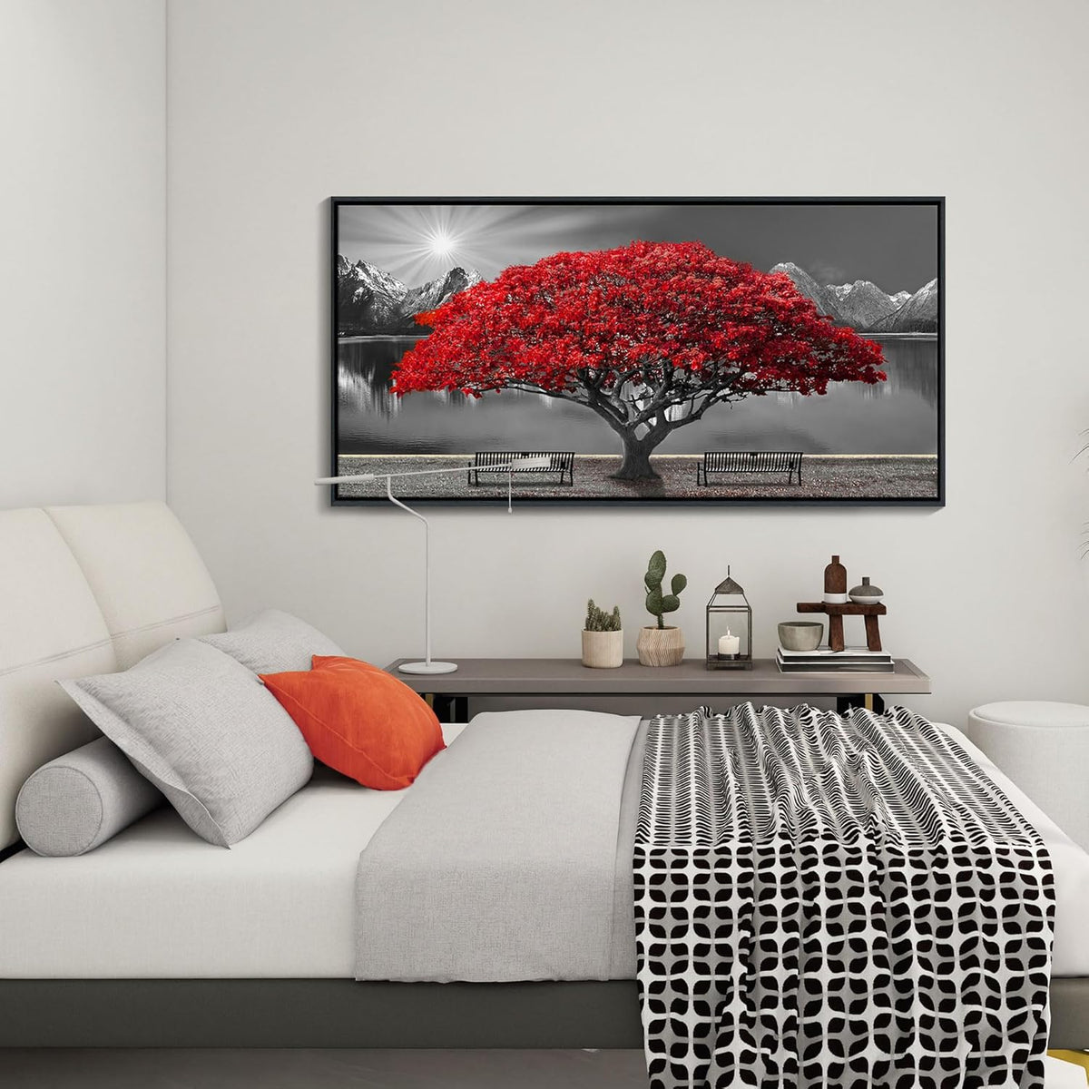 Framed Black and White Red Tree Wall Art Canvas Print Picture Large Red Tree Landscape Modern
