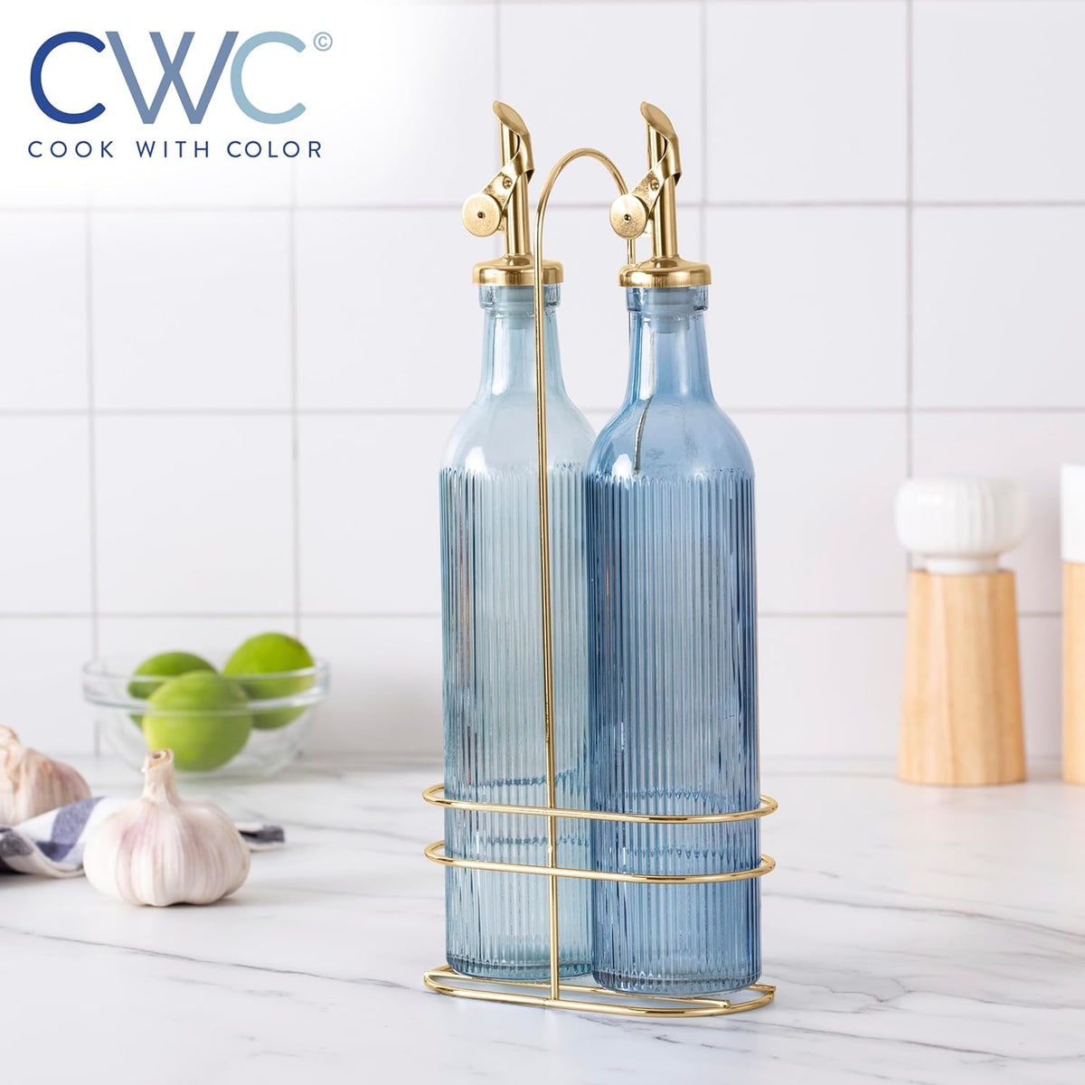 COOK WITH COLOR Glass Olive Oil Bottle Dispenser - 2 Pack- 17oz Oil and Vinegar Cruet - Olive Oil