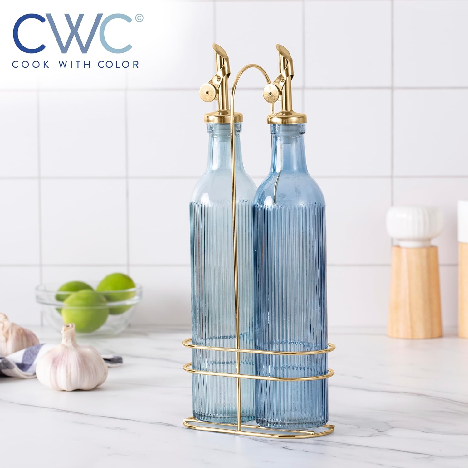 COOK WITH COLOR Glass Olive Oil Bottle Dispenser - 2 Pack- 17oz Oil and Vinegar Cruet - Olive Oil