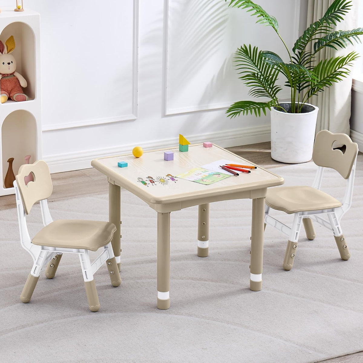 Kids Table and 2 Chairs Set, Height Adjustable (17.7"-26.1") Toddler Table and Chair Set