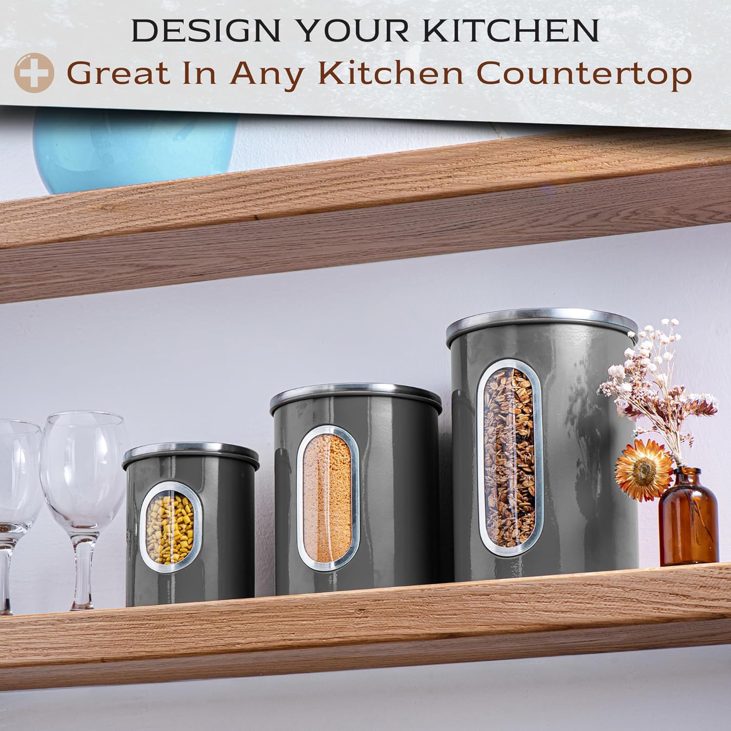 Moss & Stone 3-Piece Gray Canisters Sets For The Kitchen, Airtight Canister Set With See Through