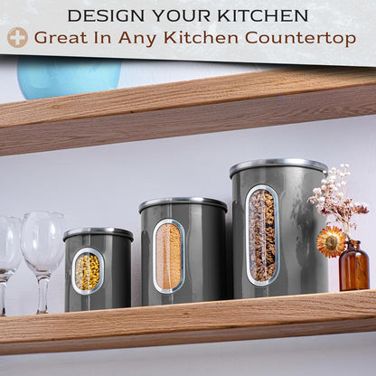 Moss & Stone 3-Piece Gray Canisters Sets For The Kitchen, Airtight Canister Set With See Through